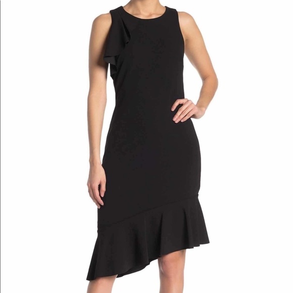 KENSIE SOLID SLEEVELESS RUFFLED CREPE MIDI DRESS - Picture 1 of 5